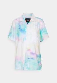 Camicia a maniche corte in tessuto leggero con un motivo acrilico pastello, dotata di taschino sul petto e chiusura con bottoni.