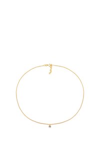 Goldplattierte Halskette mit einer dünnen, flexiblen Kette, die einen kleinen zentralen Anhänger mit einem klaren Edelstein trägt. Verschluss mit verstellbarer Länge.
