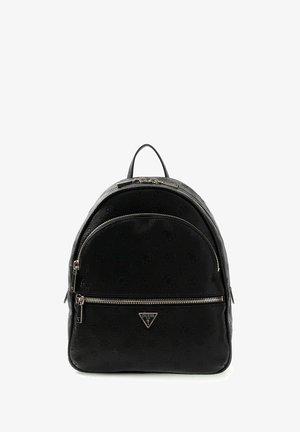 Sac à dos noir Guess USA avec motifs de logo en relief, deux compartiments zippés à l'avant et une poignée de transport supérieure.