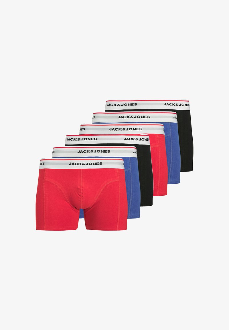 Set van zes boxershorts in rood, blauw en zwart, met elastische taillebanden met witte en zwarte branding. Zacht katoenmateriaal, getailleerd ontwerp.