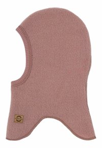 Rosa Fleece-Balaclava mit abgerundetem Oberteil und offenem Gesicht. Verfügt über eine strukturierte Oberfläche und ein Logo-Patch in der unteren linken Ecke.