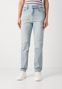 Lichtblauwe denim jeans met een hoge taille, rechte pijpen, subtiele slijtage op de knieën en een vijf-vakken ontwerp.