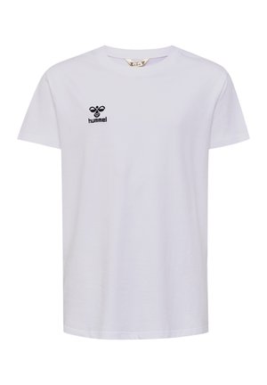 Weißes Baumwoll-T-Shirt mit rundem Ausschnitt und kurzen Ärmeln, mit einem schwarzen gestickten Logo auf der linken Brust.