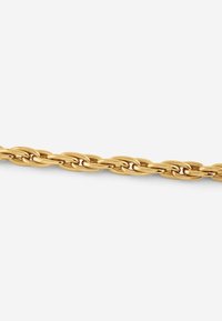 Gouden schakelarmband met in elkaar grijpende ovale schakels en een gepolijste afwerking, met een gladde textuur en een consistente kleur overal.