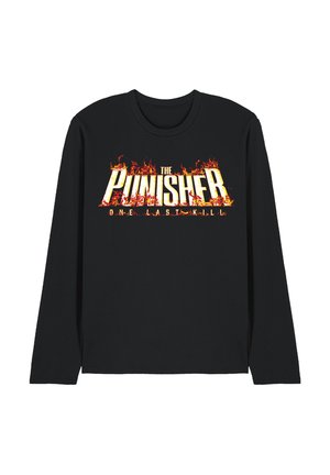 Schwarzes Langarmshirt mit dem Text "The Punisher" in großen weißen Buchstaben mit Flammen und kleinerem Text "One Last Kill" darunter.