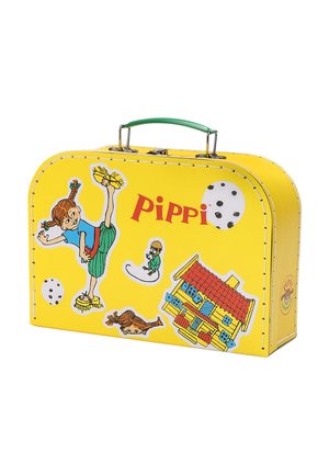 Yellow suitcase with green handle featuring Pippi Longstocking illustrations, including Pippi, a house, and polka-dotted balls.