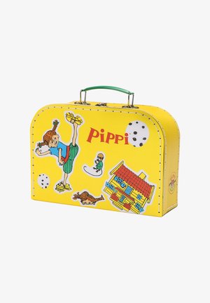 Valigia gialla con manico verde con illustrazioni di Pippi Calzelunghe, inclusi Pippi, una casa e palline a pois.