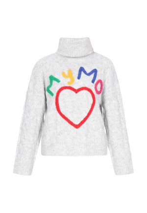 Light gray cable-knit turtleneck sweater with colorful Cyrillic letters and a red heart design on the front.