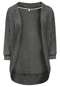 Cardigan grigio a coste con una vestibilità ampia, colletto rotondo e maniche lunghe. Tessuto morbido con motivi verticali e design frontale aperto.