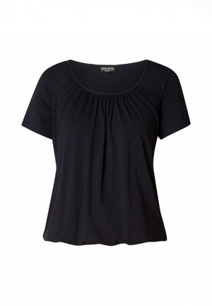 Zwarte blouse met korte mouwen, ronde halslijn en geplooide stofdetails rond het borstgebied.