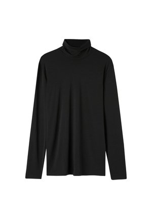 Schwarzer Rollkragenpullover, lange Ärmel, aus weichem Stoff, mit einem leicht drapierten Kragen und einem lockeren Schnitt. Keine Muster oder Akzente.