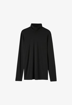 Černý rolák, dlouhé rukávy, vyrobený z měkké tkaniny, má mírně zavěšený límec a volnější střih. Bez vzorů nebo akcentů.