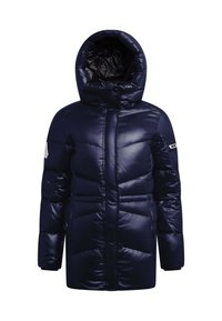 Marineblå pufferjakke med hætte, der har en blank overflade, chevron-quilting, to forlommer og et logo på venstre ærme.