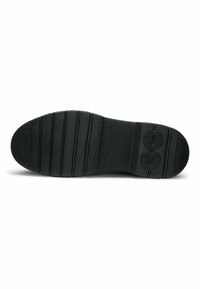 Schwarze Gummisohle mit horizontalen Rillen, mit eingeprägtem Logo und einer strukturierten Oberfläche für verbesserten Grip.