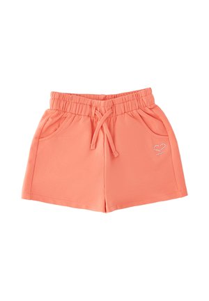 Pantalones cortos de cintura elástica de color coral con cordón, bolsillos delanteros y pequeño detalle de corazón con pedrería en el lado derecho.