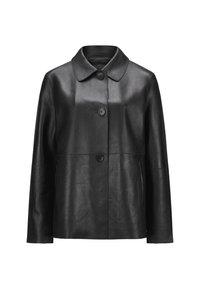 Schwarze Lederjacke mit Kragen, vorderem Knopfverschluss, seitlichen Taschen und einer glatten Textur mit minimalen Nähten.