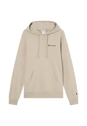 Sudadera Champion beige con bolsillo delantero tipo canguro, capucha con cordón ajustable y logo bordado en el pecho. Material suave de mezcla de algodón.