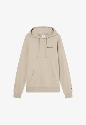 Sudadera Champion beige con bolsillo delantero tipo canguro, capucha con cordón ajustable y logo bordado en el pecho. Material suave de mezcla de algodón.