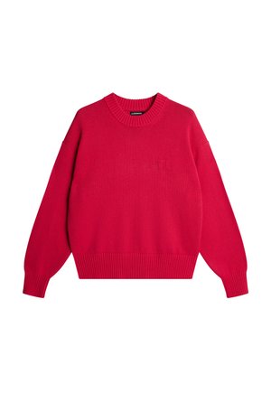 Pull en tricot rouge avec un col rond, des épaules tombantes et des poignets et un ourlet côtelés. Présente un logo subtil sur le devant.