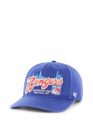 Blue baseball cap with "Rangers" script, New York skyline, and New York Rangers logo embroidered on front panel.