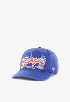 Blue baseball cap with "Rangers" script, New York skyline, and New York Rangers logo embroidered on front panel.