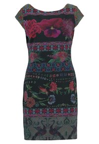 Robe à manches courtes avec un motif floral aux couleurs vives sur un fond noir. Tissu texturé avec une silhouette ajustée.