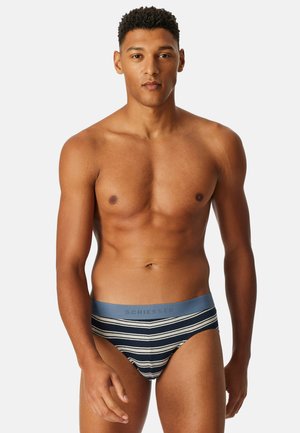 Herenonderbroek in navy met horizontale witte en lichtblauwe strepen. Zachte stof, elastische tailleband met het "SCHIESSER" logo in lichtblauw.