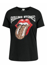 Czarna bawełniana koszulka z krótkim rękawem, z luźnym krojem, z logo czerwonych ust Rolling Stones z językiem w panterkę.