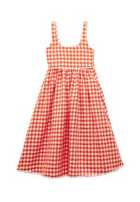 Gingham kjole med orange og hvidt ternet mønster, firkantet halsudskæring og justerbare stropper. Slynget nederdel og dekorativt bølget kant.