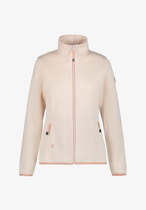 Helle rosa gestrickte Jacke mit hohem Kragen, vollem Reißverschluss, zwei Seitentaschen mit Kordelzügen und einem Logo auf der unteren linken Seite.