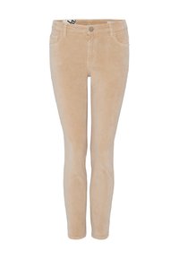 Pantaloni skinny in corduroy beige con cinque tasche, chiusura con bottone metallico e passanti per cintura. Texture morbida con motivo a righe verticali.