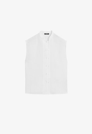 Biała koszula bez rękawów z guziczkami i kołnierzem typu mandarynka oraz ukrytymi guzikami z przodu.