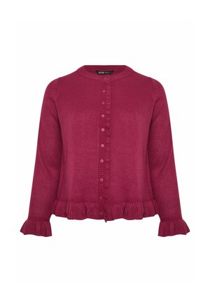 Cardigan magenta in maglia con scollatura rotonda, chiusura con bottoni e orlo e maniche arricciati, caratterizzato da un tessuto testurizzato.