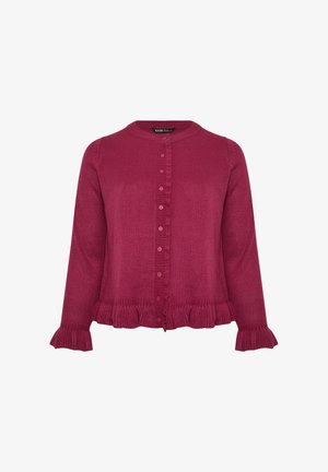 Magenta gebreide cardigan met een ronde halslijn, knopen aan de voorkant en een gerimpelde zoom en mouwen, van een textuurstof.