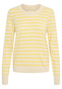 Pull en maille à manches longues avec des rayures horizontales beige et jaune et un col rond.