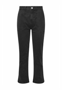 Svarta jeans med utsvängd nederdel och hög midja, som har två framfickor och en knappstängning. Slät textur och rak benform.