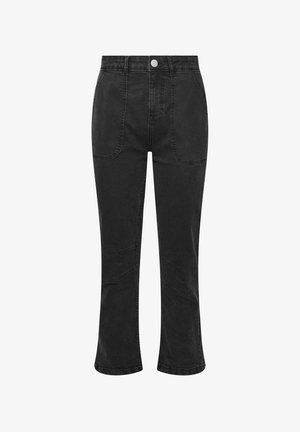 Sorte denim flared jeans med høj talje, der har to forlommer og en knaplukning. Glat tekstur, lige benform.