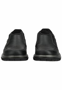 Schwarze Leder-Slipper mit genähten Akzenten und Gummisohlen. Merkmale sind eine abgerundete Zehenpartie und ein niedriger Profil-Design. Langlebiges und flexibles Material.
