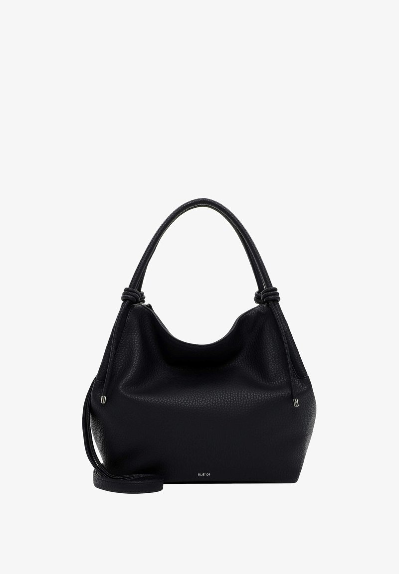 Sort læderhåndtaske med en struktureret overflade, buet form, bløde skulderremme og en aftagelig crossbody-rem. Har minimal hardware.