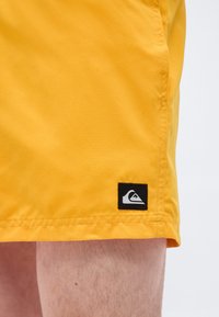 Κίτρινο σορτς με ένα μικρό μαύρο και λευκό λογότυπο Quiksilver πάνω από το τελείωμα στο αριστερό πόδι, φορεμένο στο πόδι ενός ατόμου.