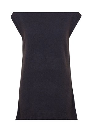 Top lavorato a maglia senza maniche di colore blu navy scuro, con una vestibilità rilassata, caratterizzato da una texture liscia e un orlo arrotondato. Aperture delle maniche leggermente ampie.