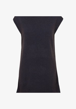 Top lavorato a maglia senza maniche di colore blu navy scuro, con una vestibilità rilassata, caratterizzato da una texture liscia e un orlo arrotondato. Aperture delle maniche leggermente ampie.