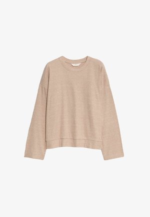 Beige geribbelde gebreide trui met een ronde halslijn, verlaagde schouders en een cropped zoom. Zachte textuur, lange mouwen en een minimalistisch ontwerp.