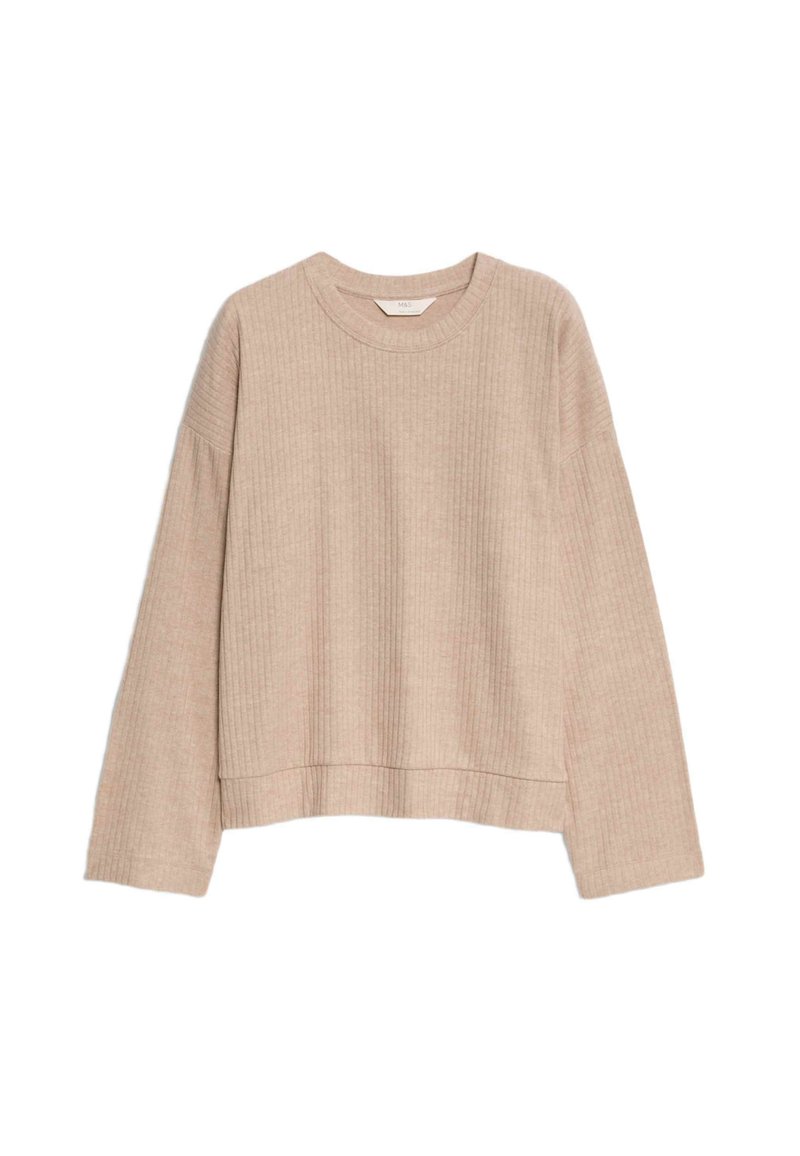 Beżowy sweter z prążkowanego materiału z okrągłym dekoltem, opadającymi ramionami i skróconym hemem. Miękka tekstura, długie rękawy i minimalistyczny design.