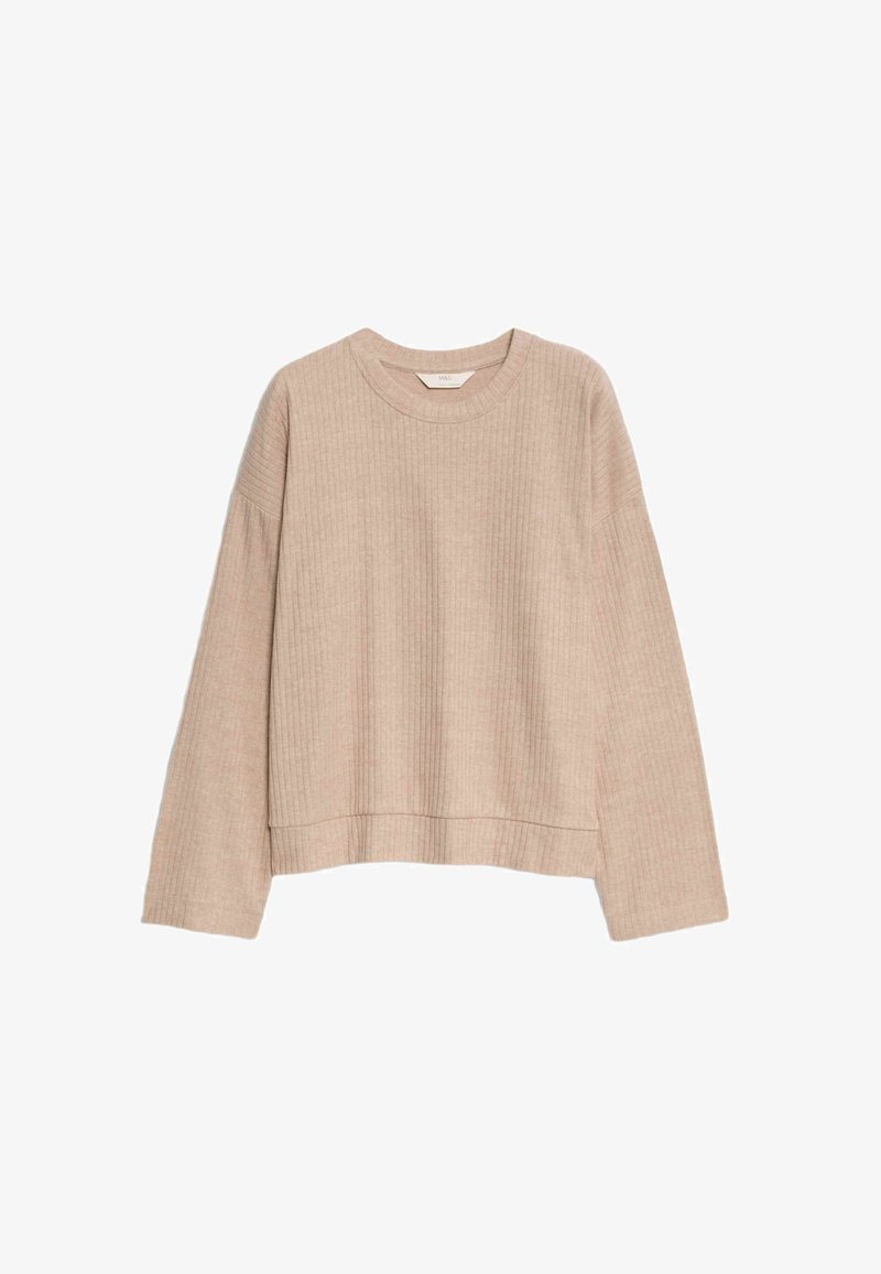 Beżowy sweter z prążkowanego materiału z okrągłym dekoltem, opadającymi ramionami i skróconym hemem. Miękka tekstura, długie rękawy i minimalistyczny design.