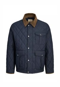 Chaqueta de marinero acolchada con cuello de pana marrón, botones a presión y tres bolsillos frontales con solapa.