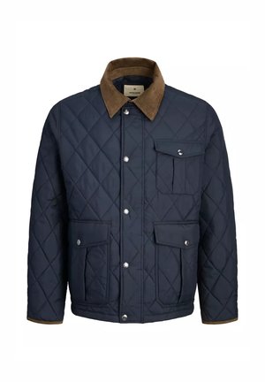 Chaqueta de marinero acolchada con cuello de pana marrón, botones a presión y tres bolsillos frontales con solapa.