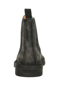 Zwarte suède enkelboots met een gladde afwerking, elastische zijkanten en een getextureerde rubberen zool. Het ontwerp heeft een stijlvolle, minimalistische vorm.