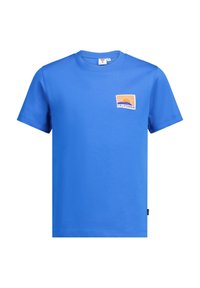 Sininen puuvillapaita, jossa on pyöreä kaula-aukko, lyhyet hihat ja painettu suorakulmainen patch, jossa on aurinko ja "CALIFORNIA"-teksti.