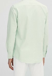 Lichtgroen gestreept shirt met lange mouwen, knopenmanchetten en een afgeronde onderkant. Gemaakt van een zachte stof met een gladde textuur.